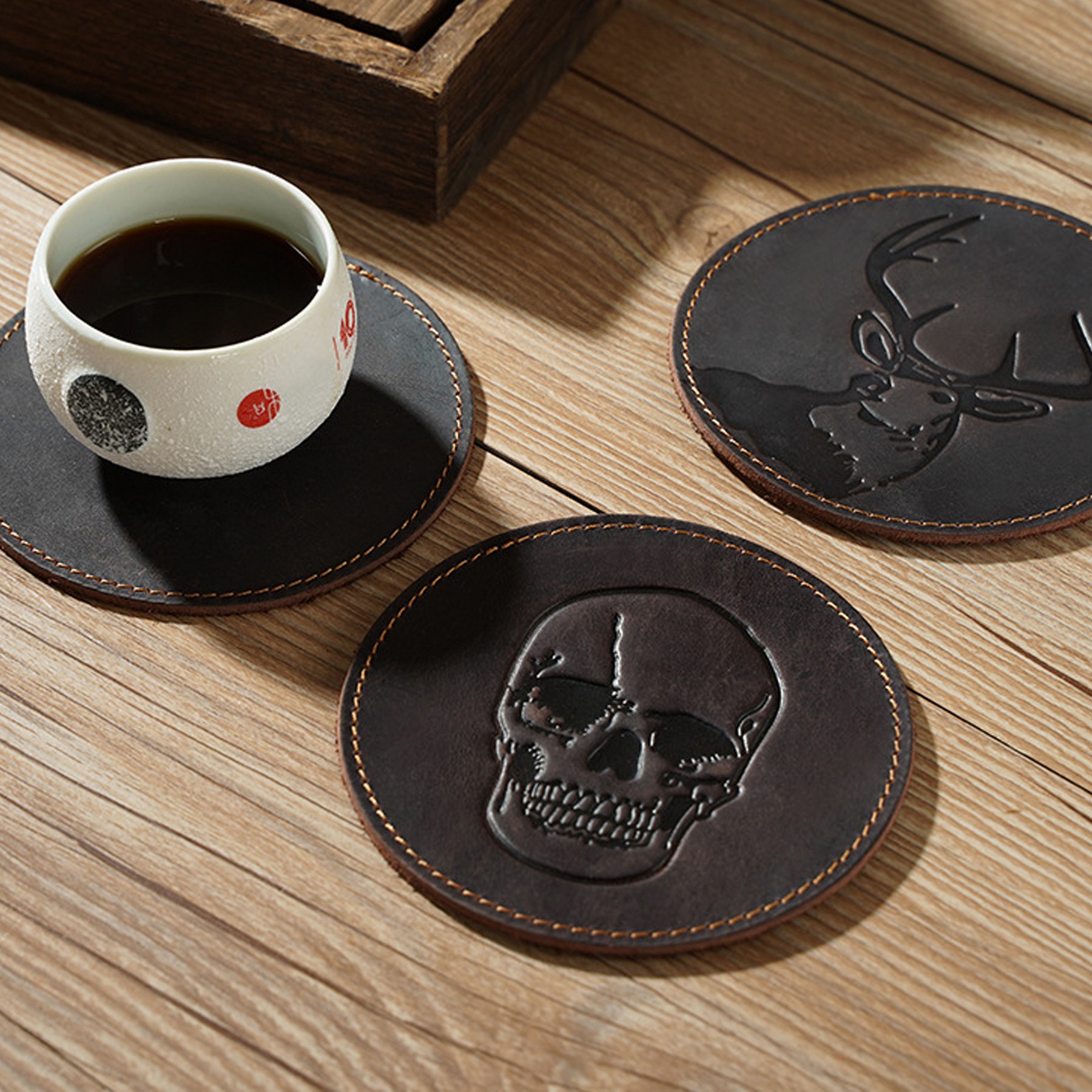 Debossed Top Grain Genuine Leather Round Coaster 4