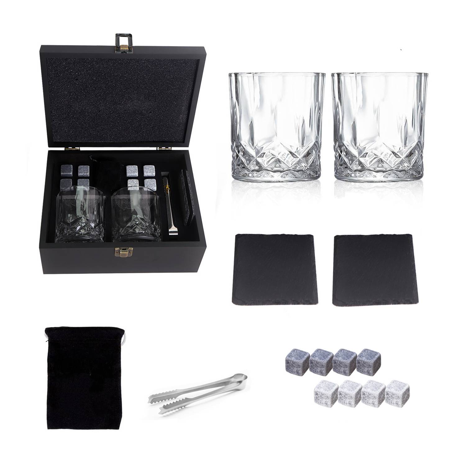 Whiskey Stones Glass Wooden Box Set 6