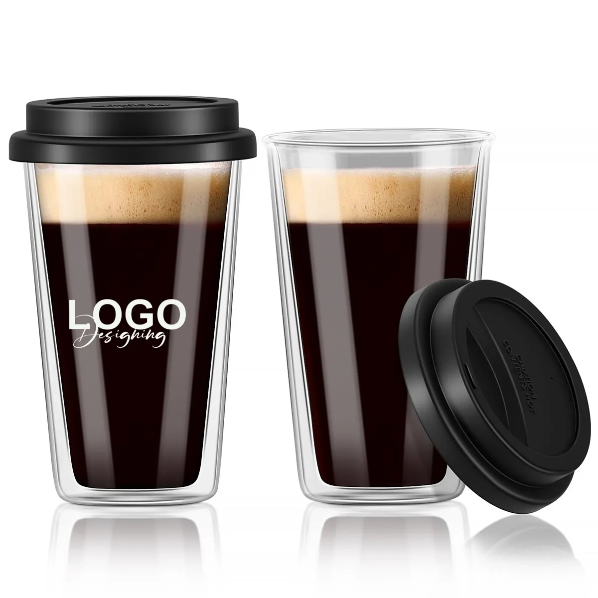 Double Walled Glass Coffee Mugs with Silicone Lids 2