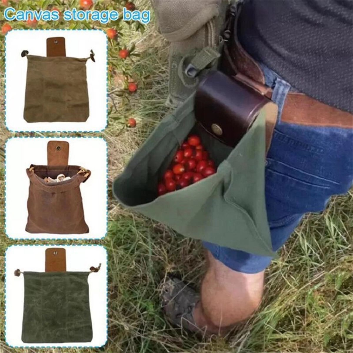 Canvas Fruit Picking Bag Leather Waxed Canvas Pouch 4