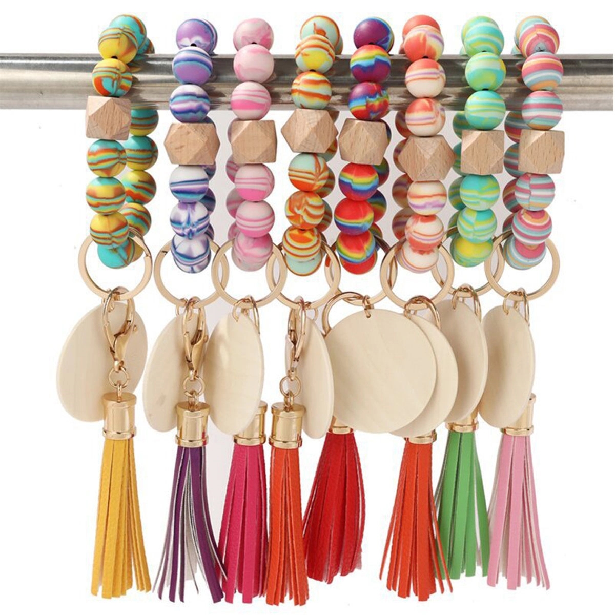 Tie Dye Rubber Bead Wood Bead Bracelet Keychain 4
