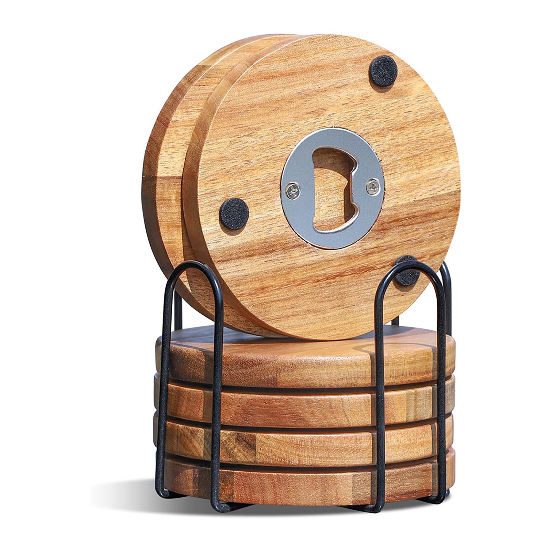 Wood Coaster Set With Built-In Bottle Opener 3