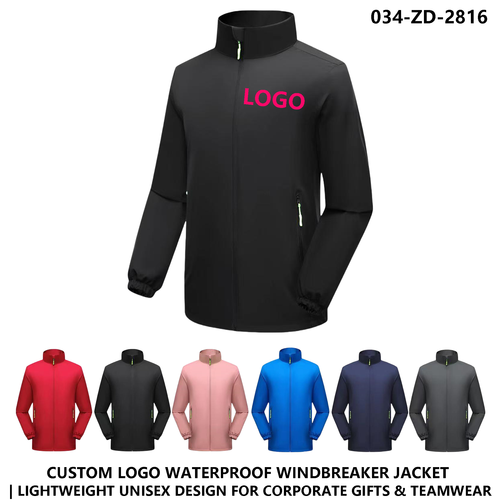 Men Women Waterproof Stand Collar Windbreaker Jacket - Custom Logo Polyester Fabric 2