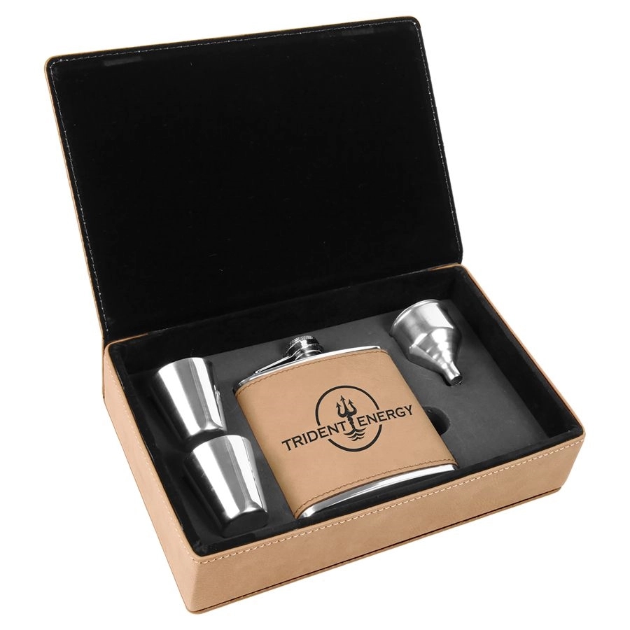 6 Oz. Light Brown Laserable Leatherette Flask Gift Set 10