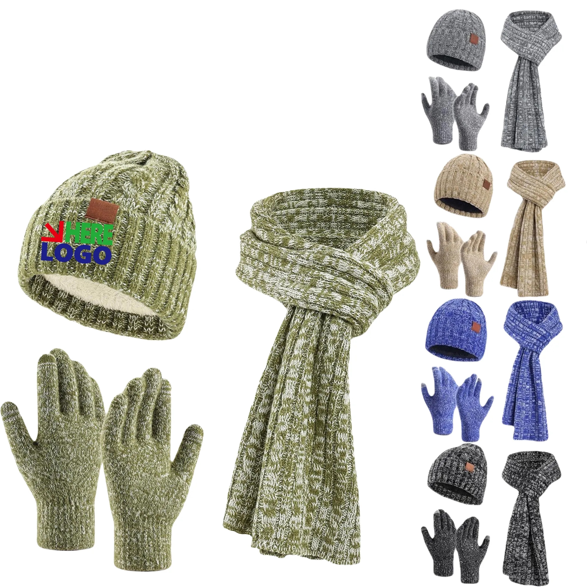 Winter Knit Warm Hat Scarf Touch Screen Gloves Set MOQ100 5