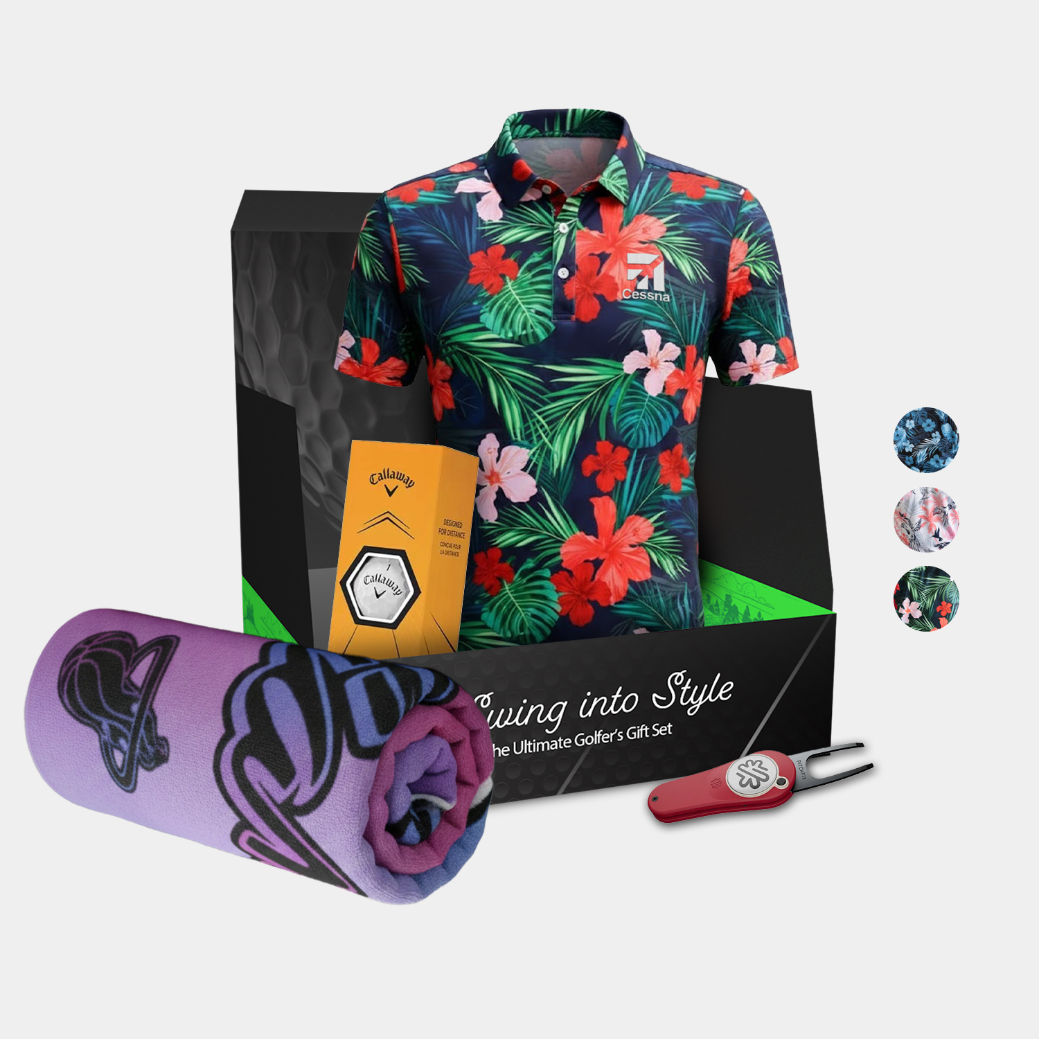 YATTA Golf® Blossom Men's Polo Shirt, Towel, Srixon® Golf Balls & Pitchfix® Icon Divot Tool Gift Set 1