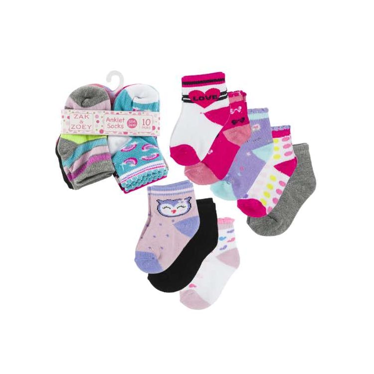 Girls' Ankle Socks - Asst Prints 12-24M 10 Pk 2