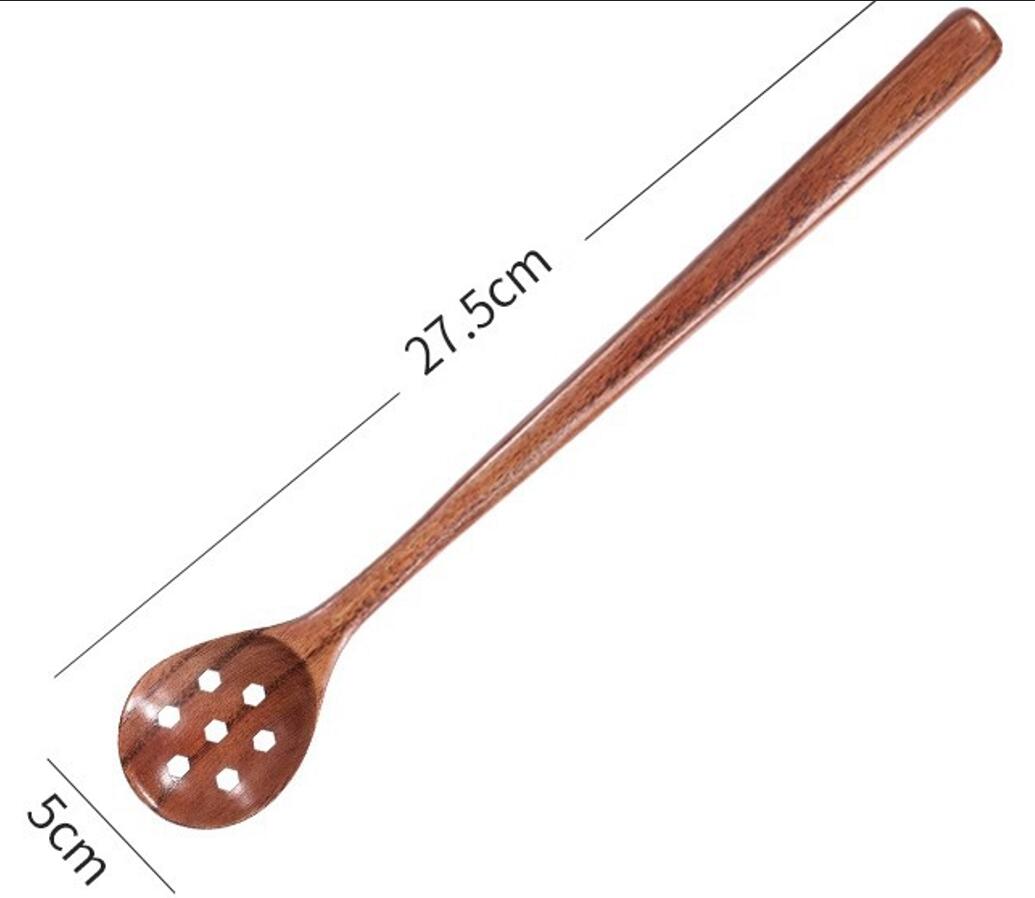 10.8" Long Handle Wooden Round Slotted Spoon 3