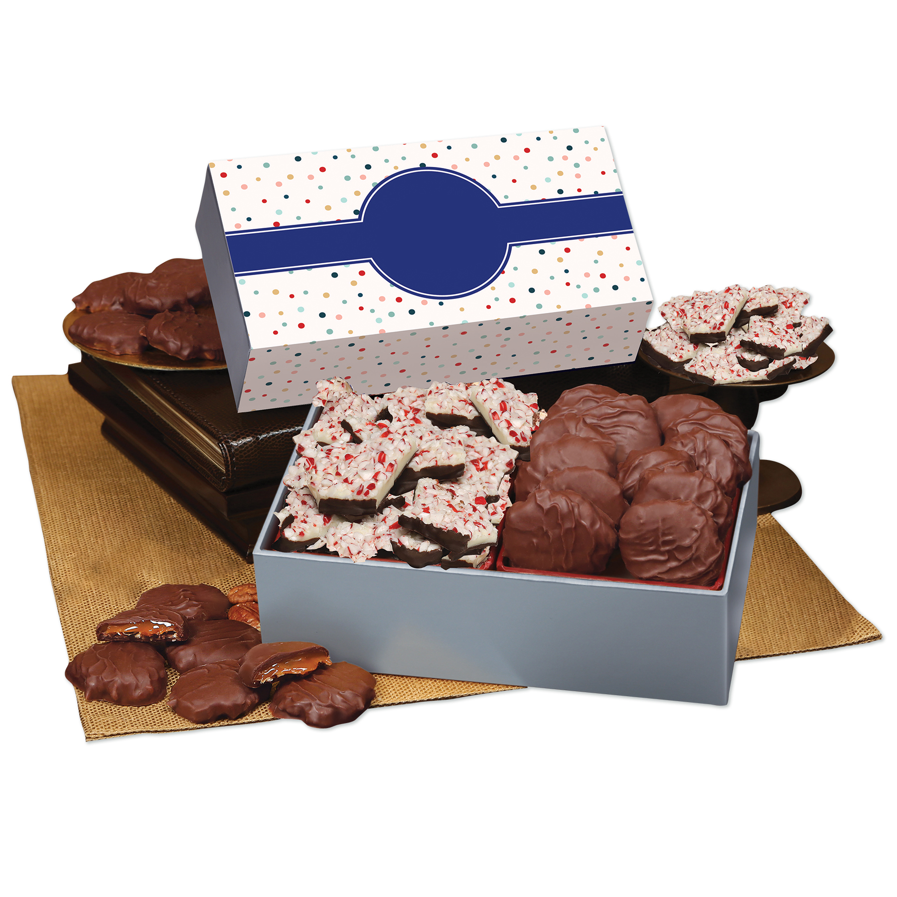 Peppermint Bark & Pecan Clusters in Gift Box with Bubbles Sleeve 1