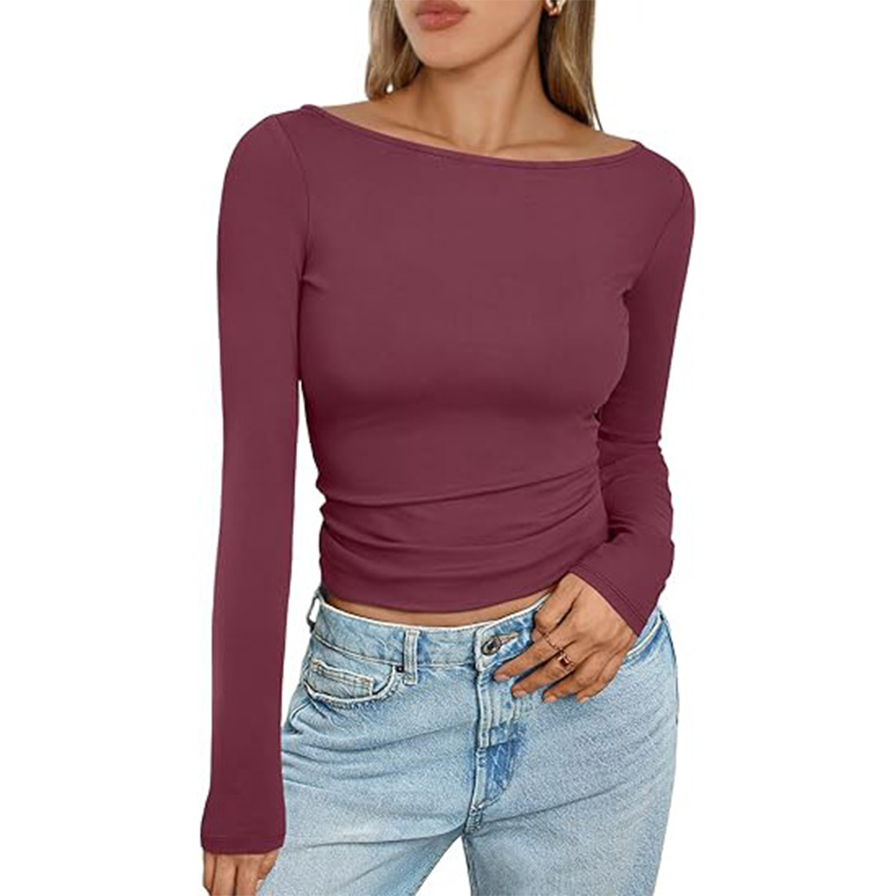Women Boat Neck Long Sleeve Shirt 15