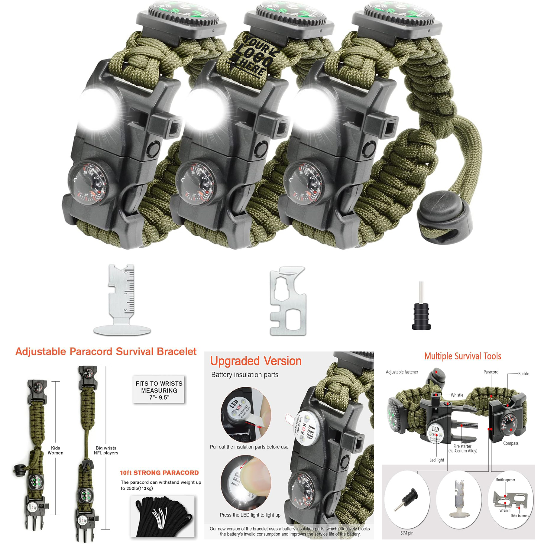 SOS LED Light Fire Starter Compass Survival Whistle 20 in 1 Survival Paracord Bracelet Gear Kit 2
