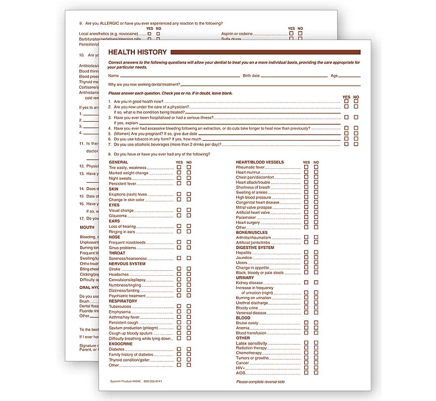 Dental Health History Questionnaires, 2 Sided 1