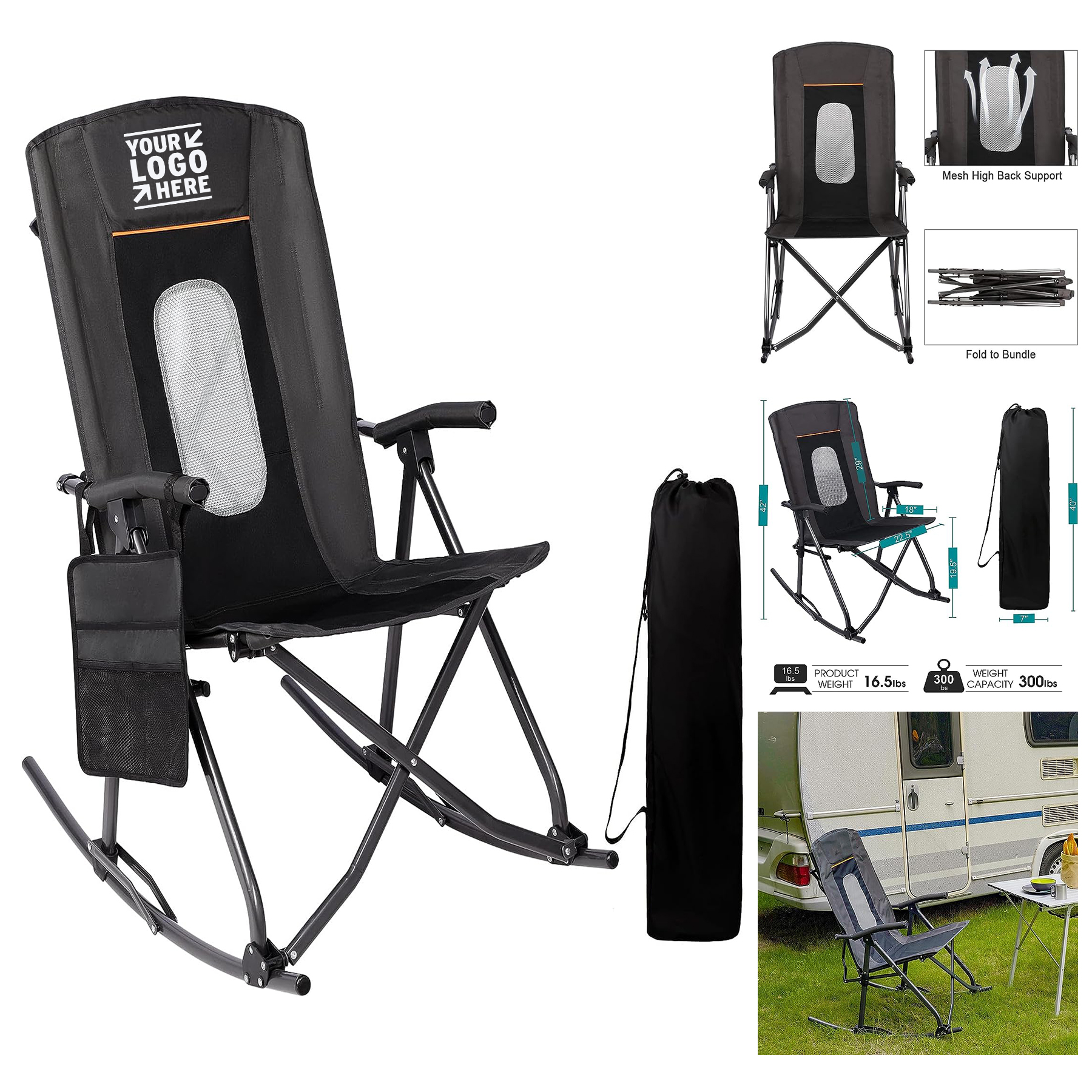 Supports 300 lbs Portable Outdoor Rocker Oversized Folding Rocking Camping Chair