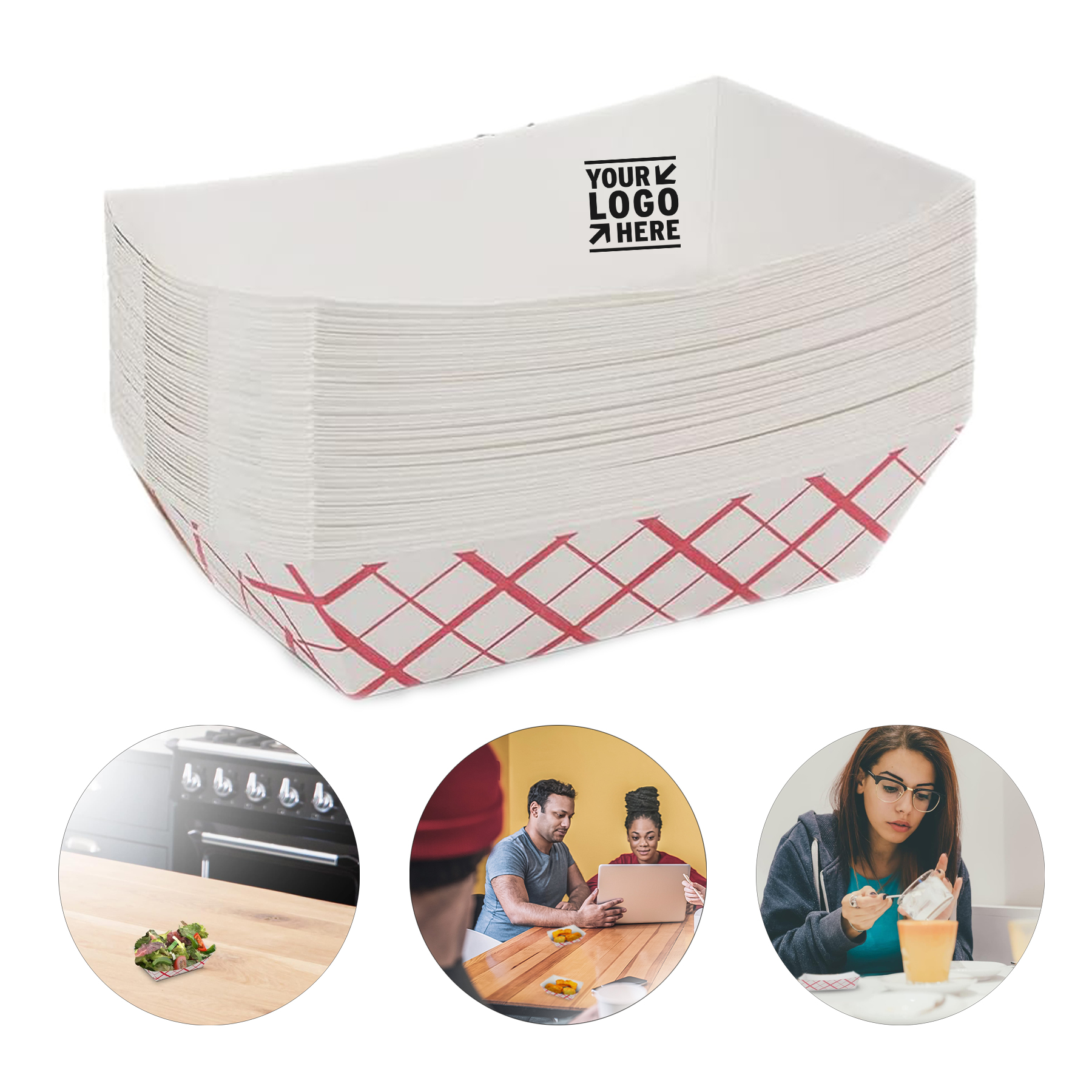 1 lb 5.27"x 3.63" x 1.5" Disposable Plaid Classy Red and White Boat Paper Food Tray 2