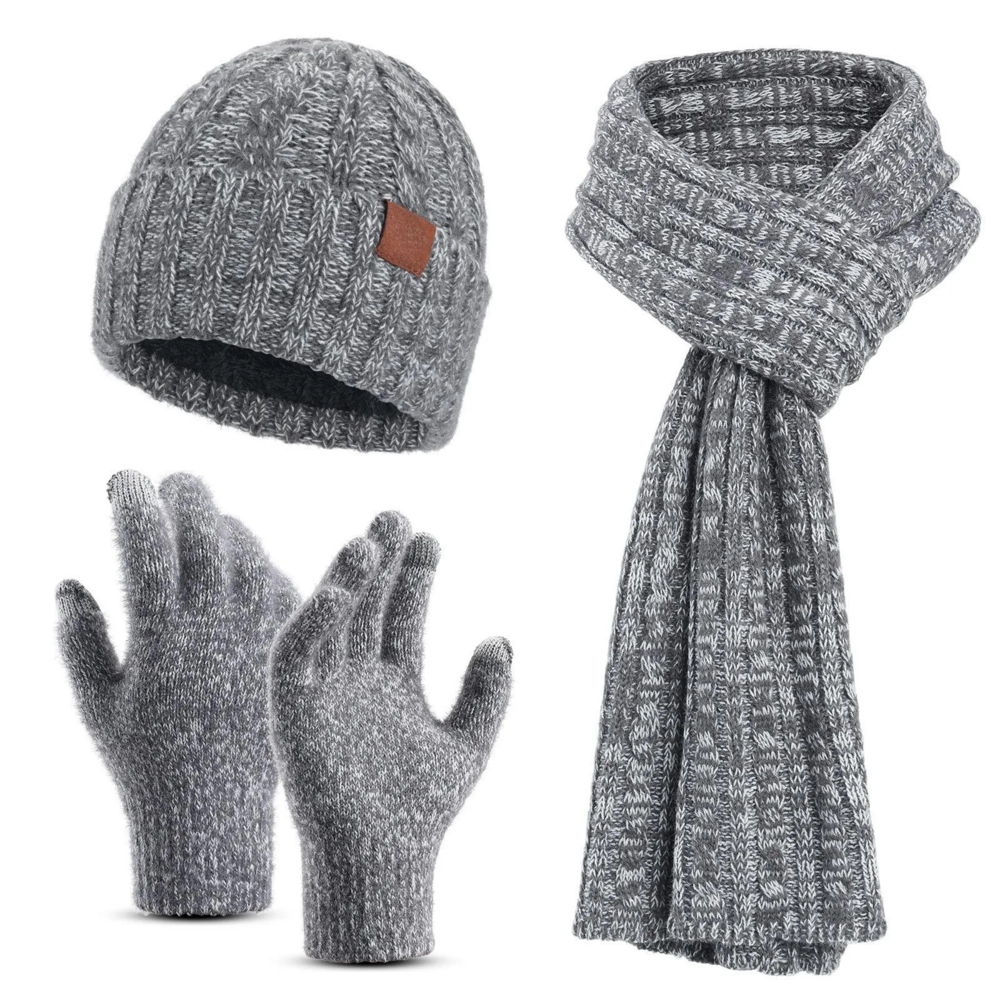 Winter Knit Warm Hat Long Scarf Touch Screen Gloves Set 6