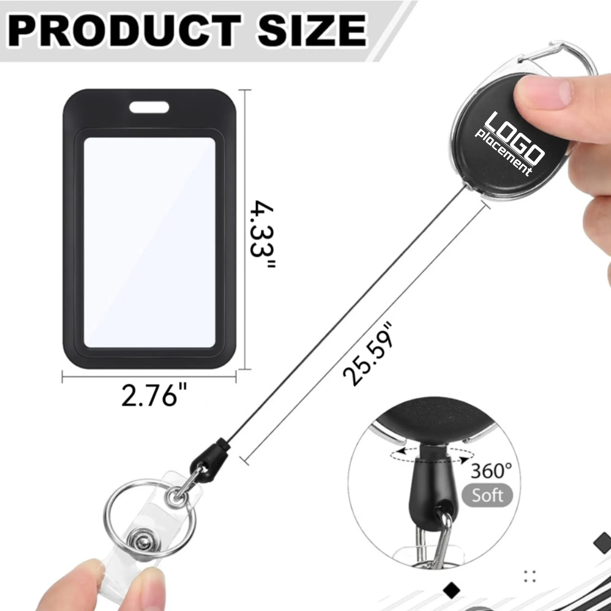 Rotating Retractable Badge Reel: Custom Logo, Black 1