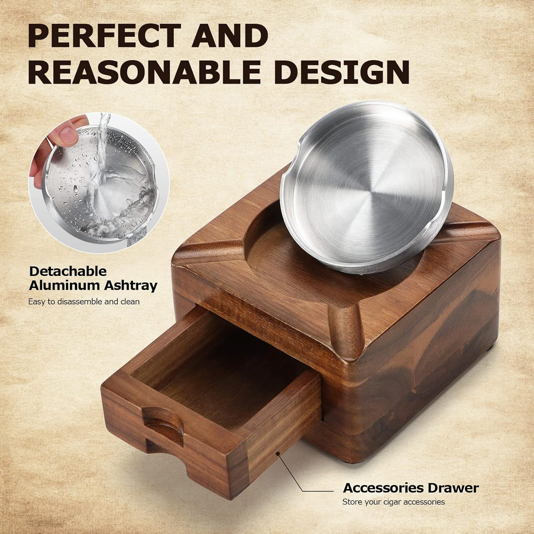 Wooden Cigar Ashtray with Accessories Drawer