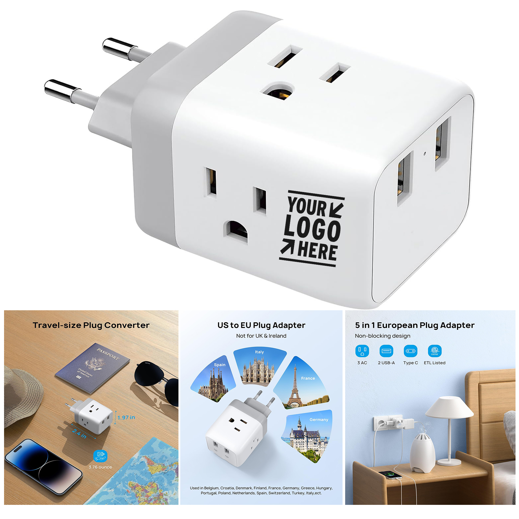 European International Travel Plug Power Adapter with 3 American Outlets 2 USB Port