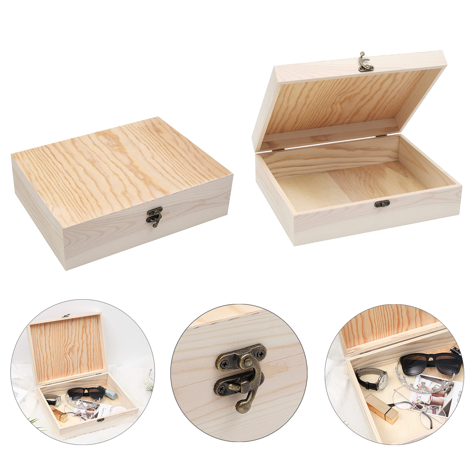 12" x 9.2" x 3.3" Unfinished Wooden Box with Hinged Lid 2
