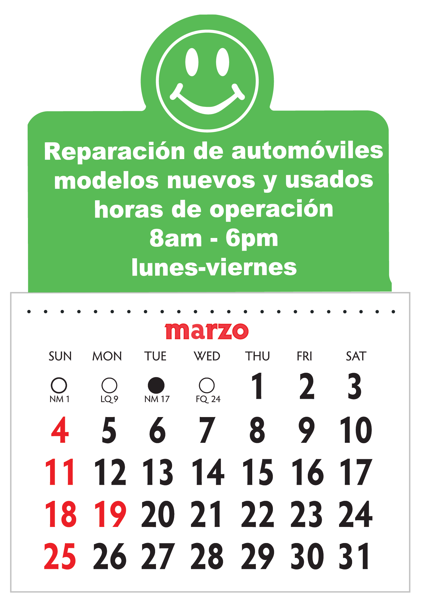 Designer Shaped Kwik-Stik 6 mil smooth white Vinyl Spanish Calendar w/ Center Circle Top 2
