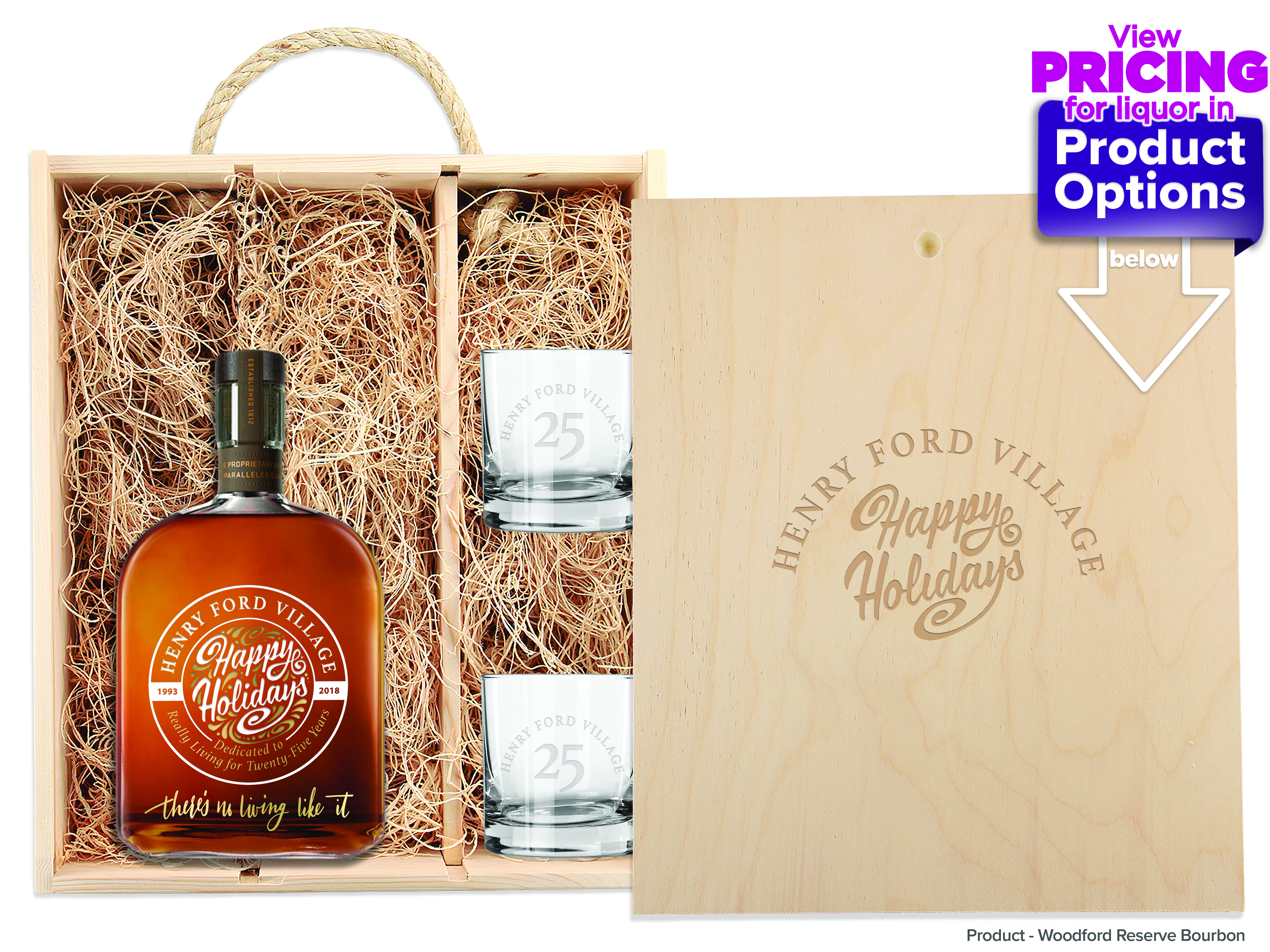 Laser-Engraved Triple Wood Box w/Custom Etched Liquor Bottle + Glasses 2