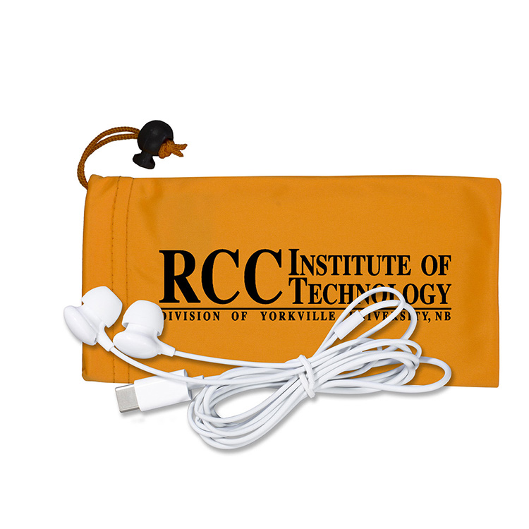 Mobile Tech Earbud Kit in Microfiber Cinch Pouch Components inserted into Microfiber Pouch 4
