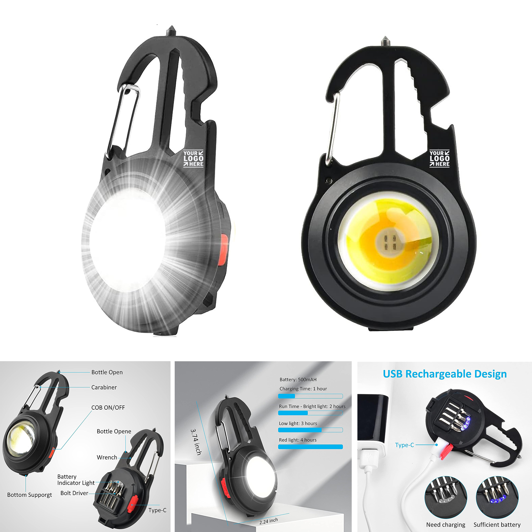 2 Pack 1000 Lumens Portable COB Rechargeable Flashlights Portable Pocket Keychain Work Light
