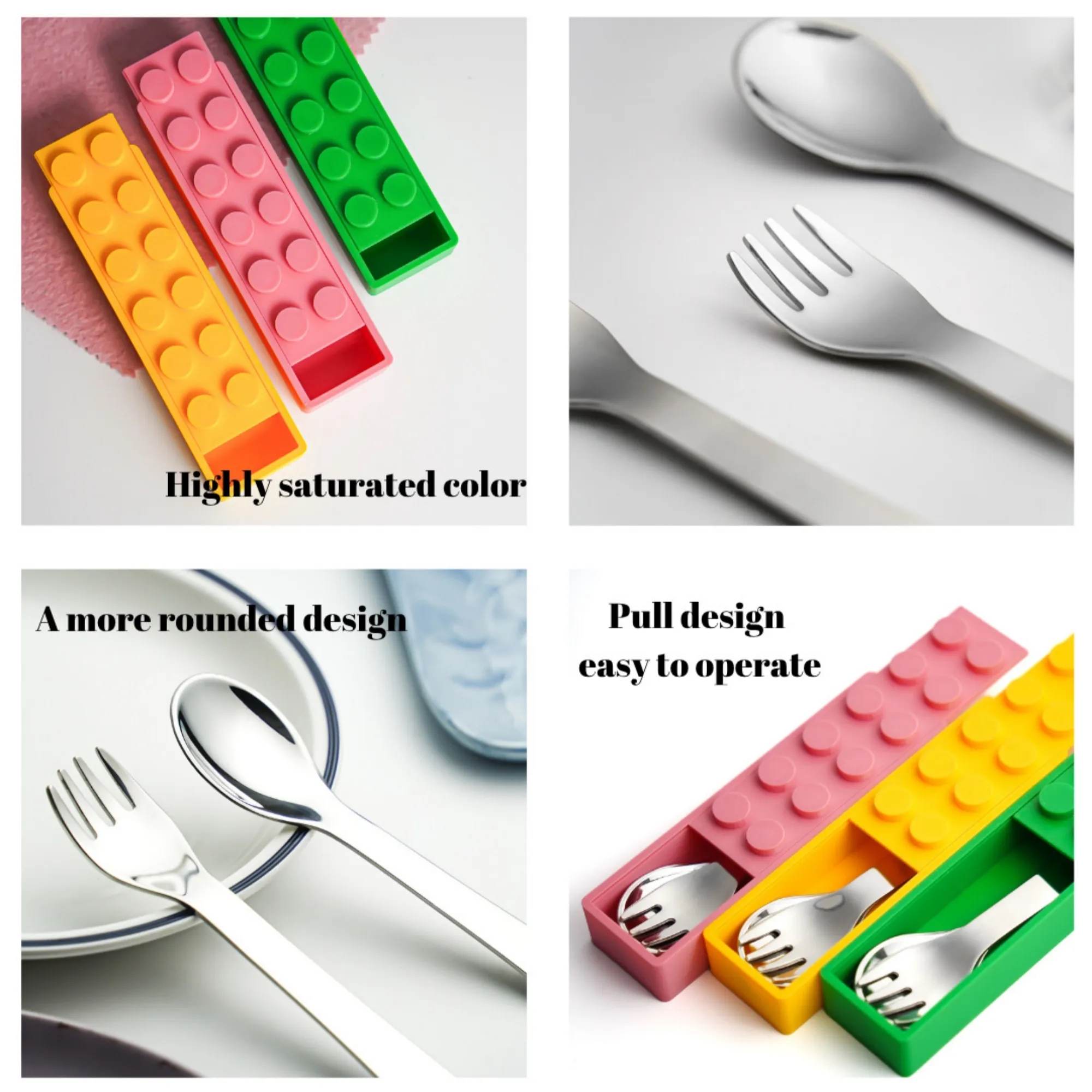 304 Stainless Steel Building Block Kids Spoon Fork Set 2