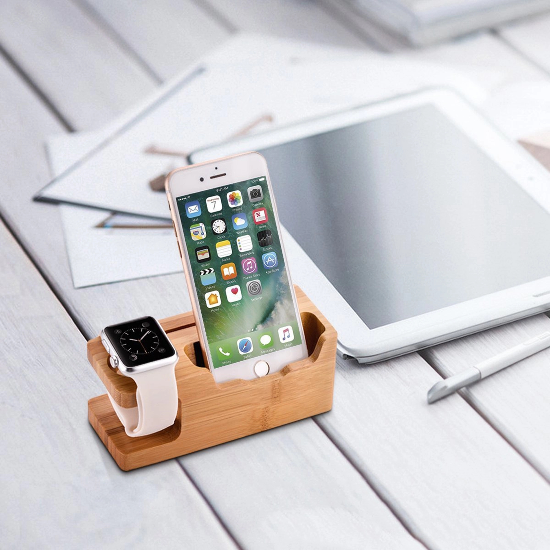 Bamboo Charging Station Desk Organization for Phones Watch 6