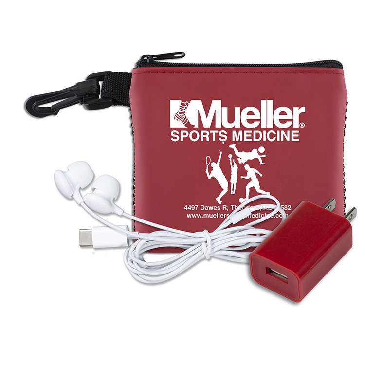 “TechMesh Charge” Mobile Tech Earbud and Charger Kit in Mesh Zipper Pouch Components inserted into Z 5