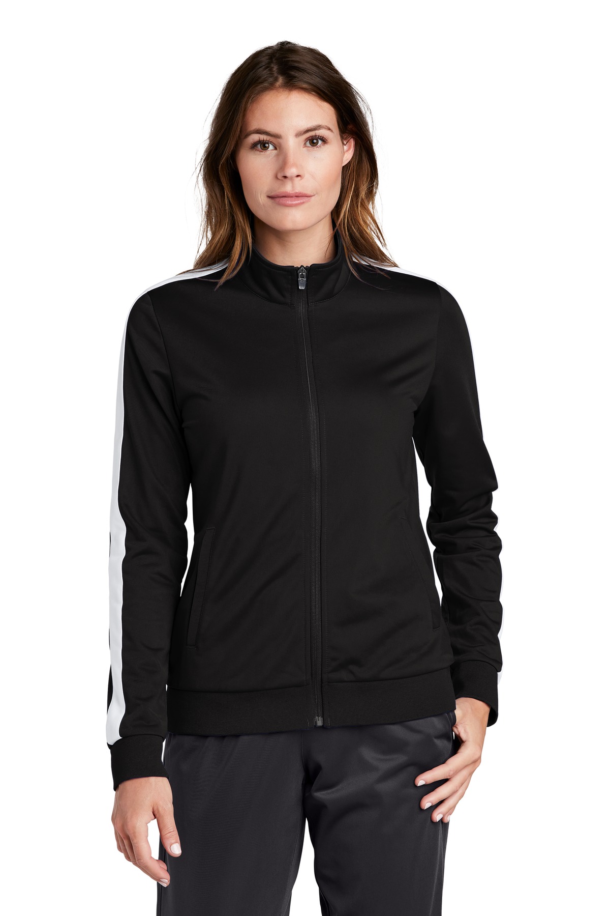 Sport-Tek Women's Tricot Sleeve Stripe Track Jacket. LST94 3