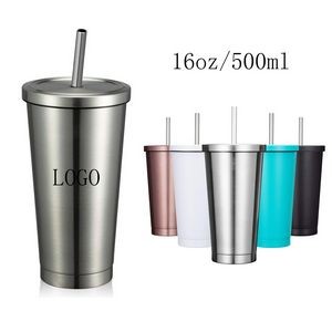 16oz Stainless Steel Insulated Vacuum Coffee Tumbler With Straw 3