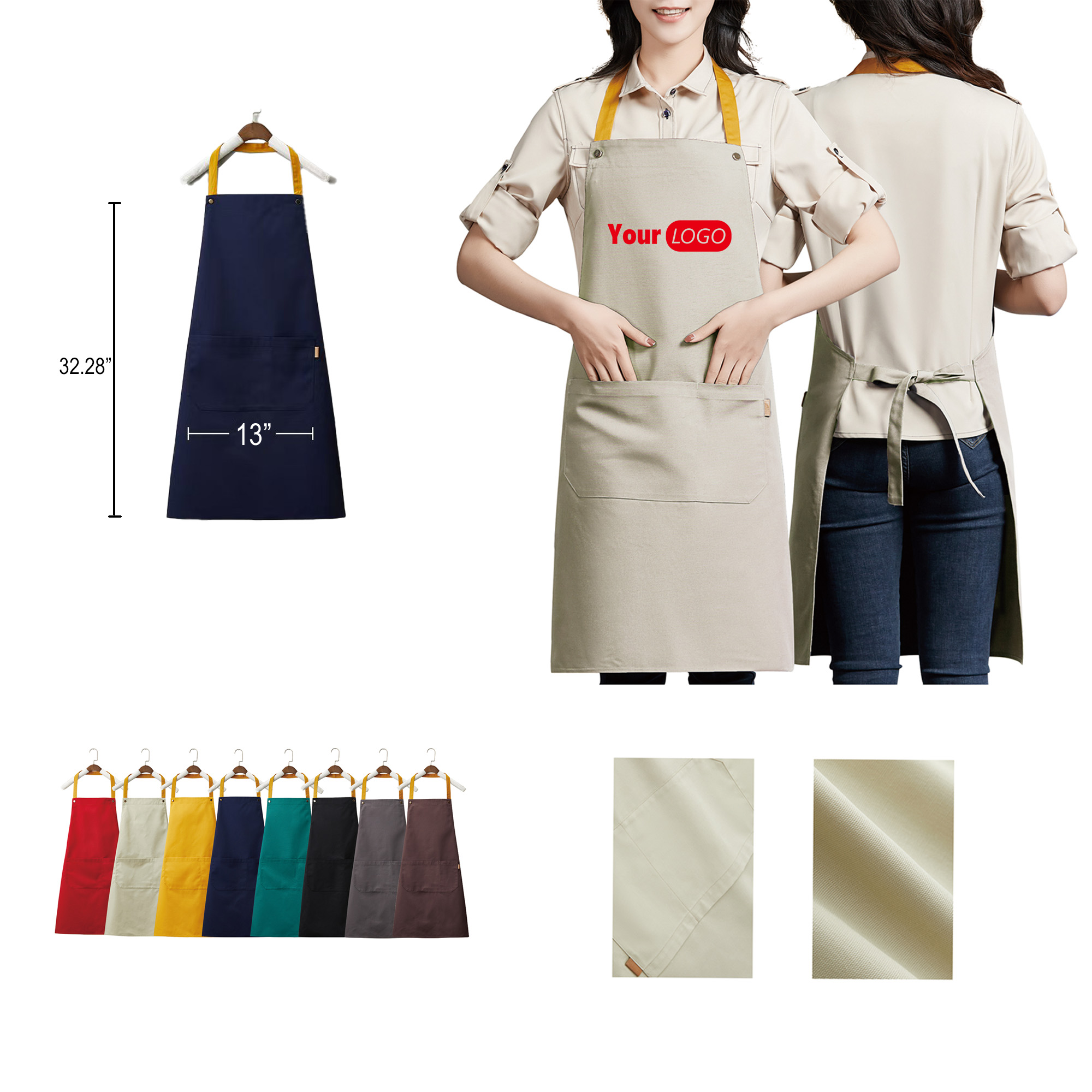 MOQ50 Custom Canvas Kitchen Apron W/ 2 Front Pockets 2