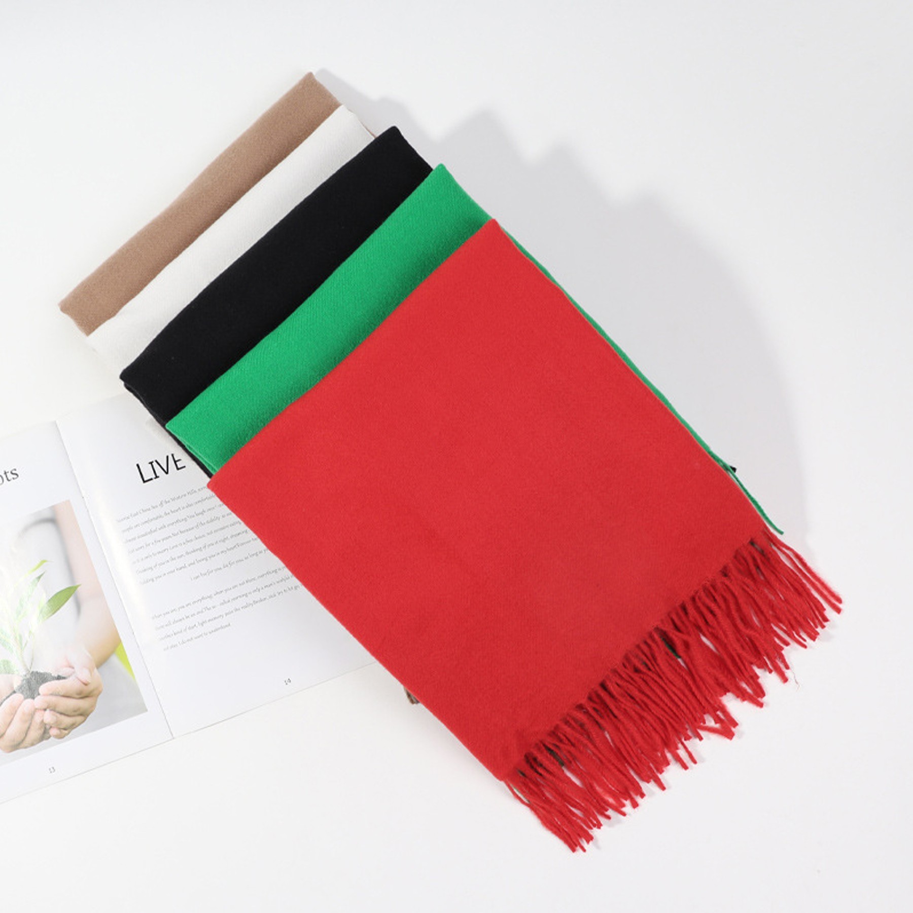Women's Pure Color Faux Cashmere Fringe Scarf 2