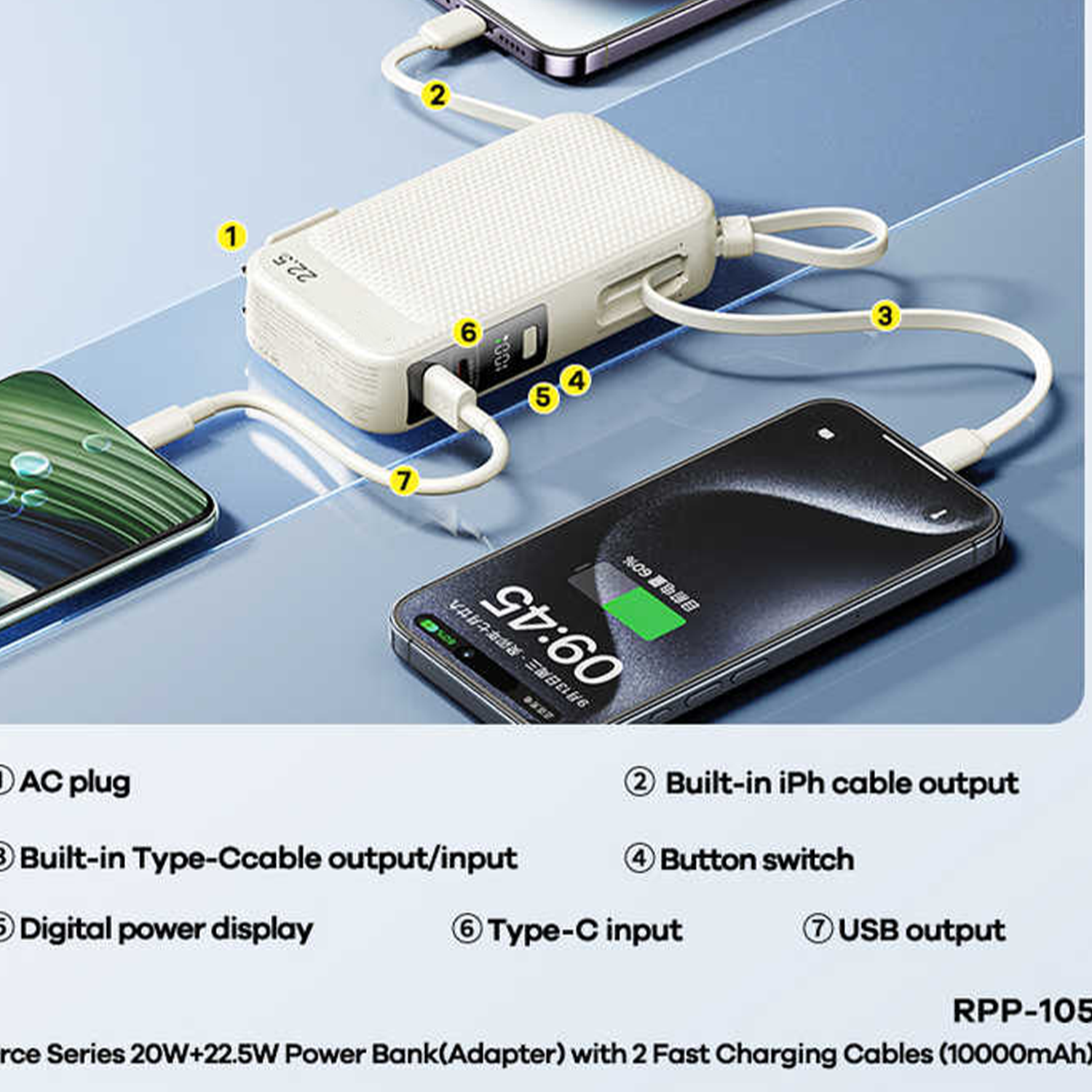 10000mAh Dual Fast Charge Travel Power Bank w/ Cables 8
