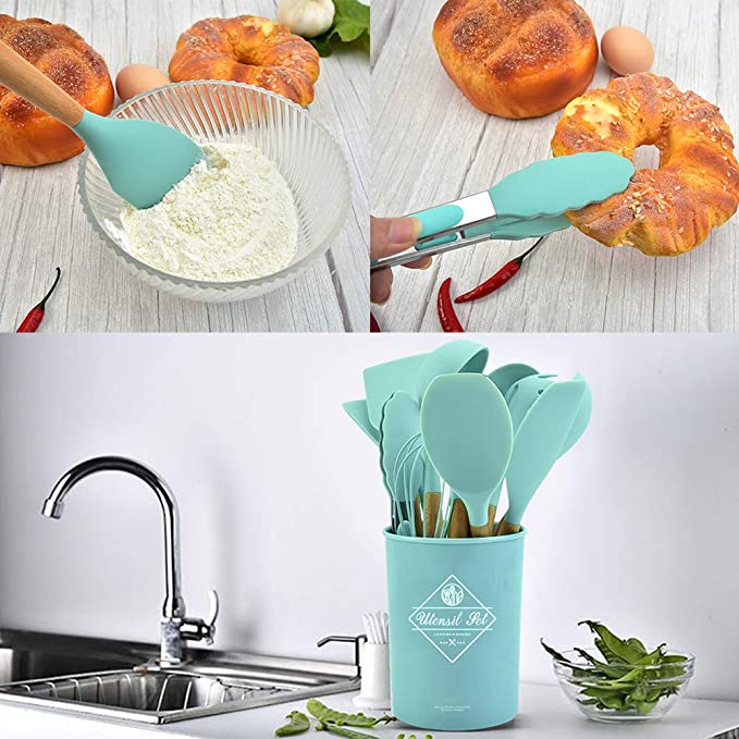 12 Pcs Non-stick Silicone Cooking Kitchen Utensils Spatula Set w/ Holder Wooden Handles 12