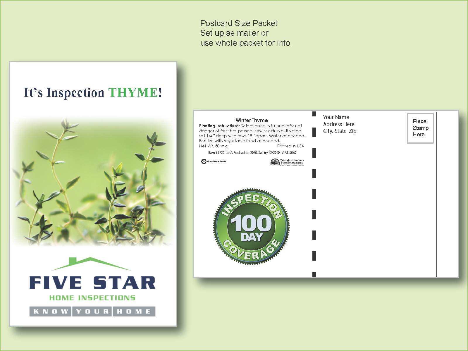 Winter Thyme Herb Seed Packet - Postcard Mailer Size 4" x 6.5" 2