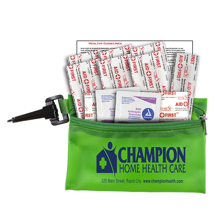 "TROUTDALE" 13 Piece First Aid Kit inTranslucent Zipper Kit with Plastic Carabiner Attachment 16