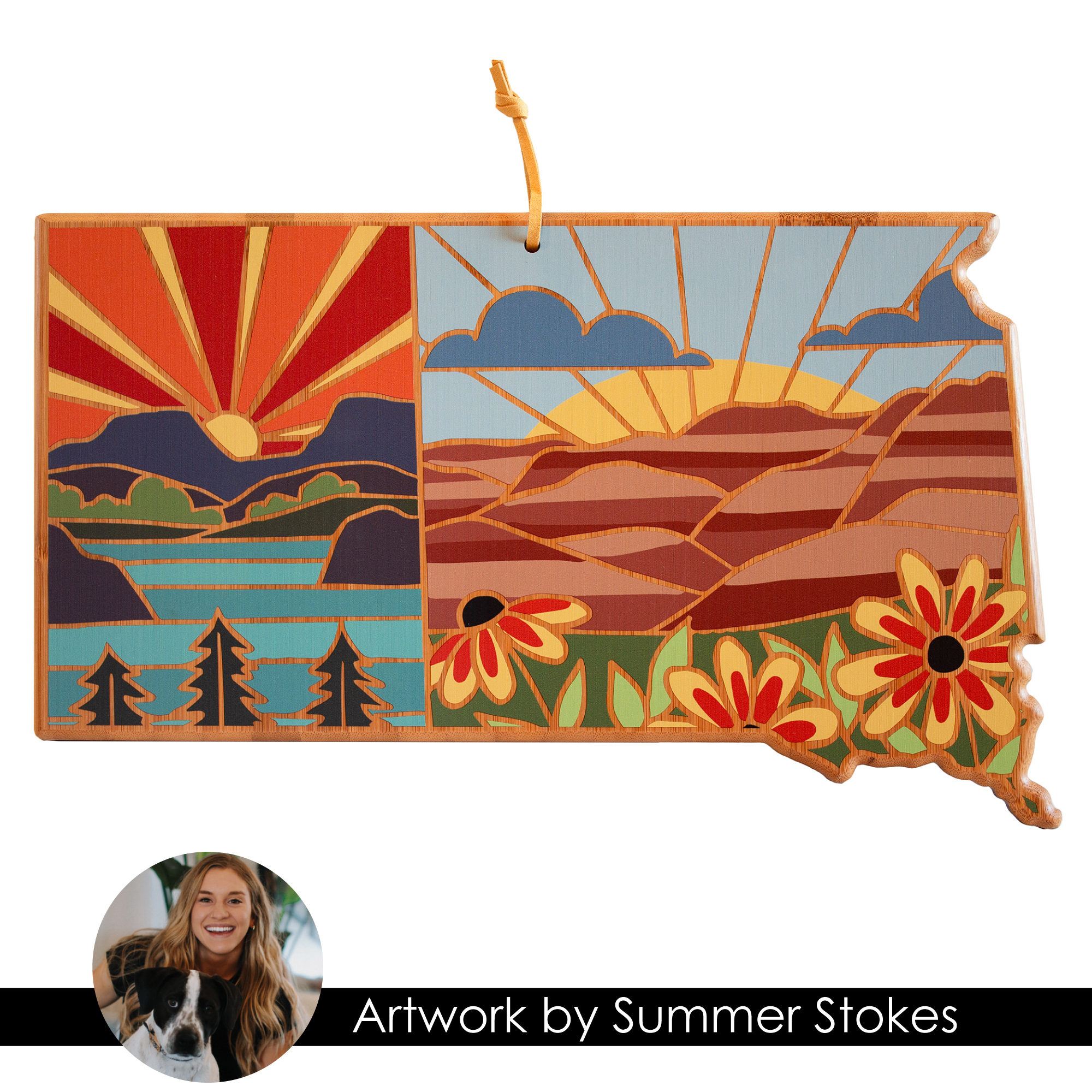 South Dakota State Shaped Serving and Cutting Board with Artwork by Summer Stokes 2