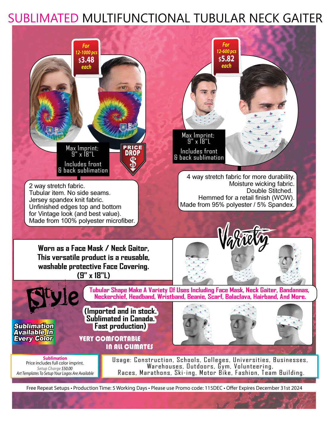 Sublimated BEST VALUE lightweight Seamless Neck Gaiter (In stock, Fast production) 8