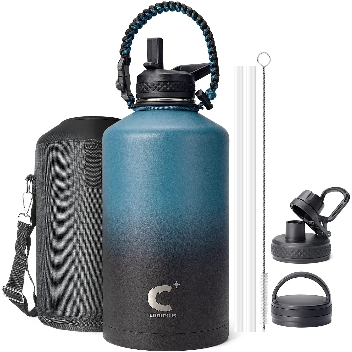 Water Bottle Insulated with Paracord Handle & 3 Lids, 64oz Water Jug Big Large Metal Stainless Steel 2