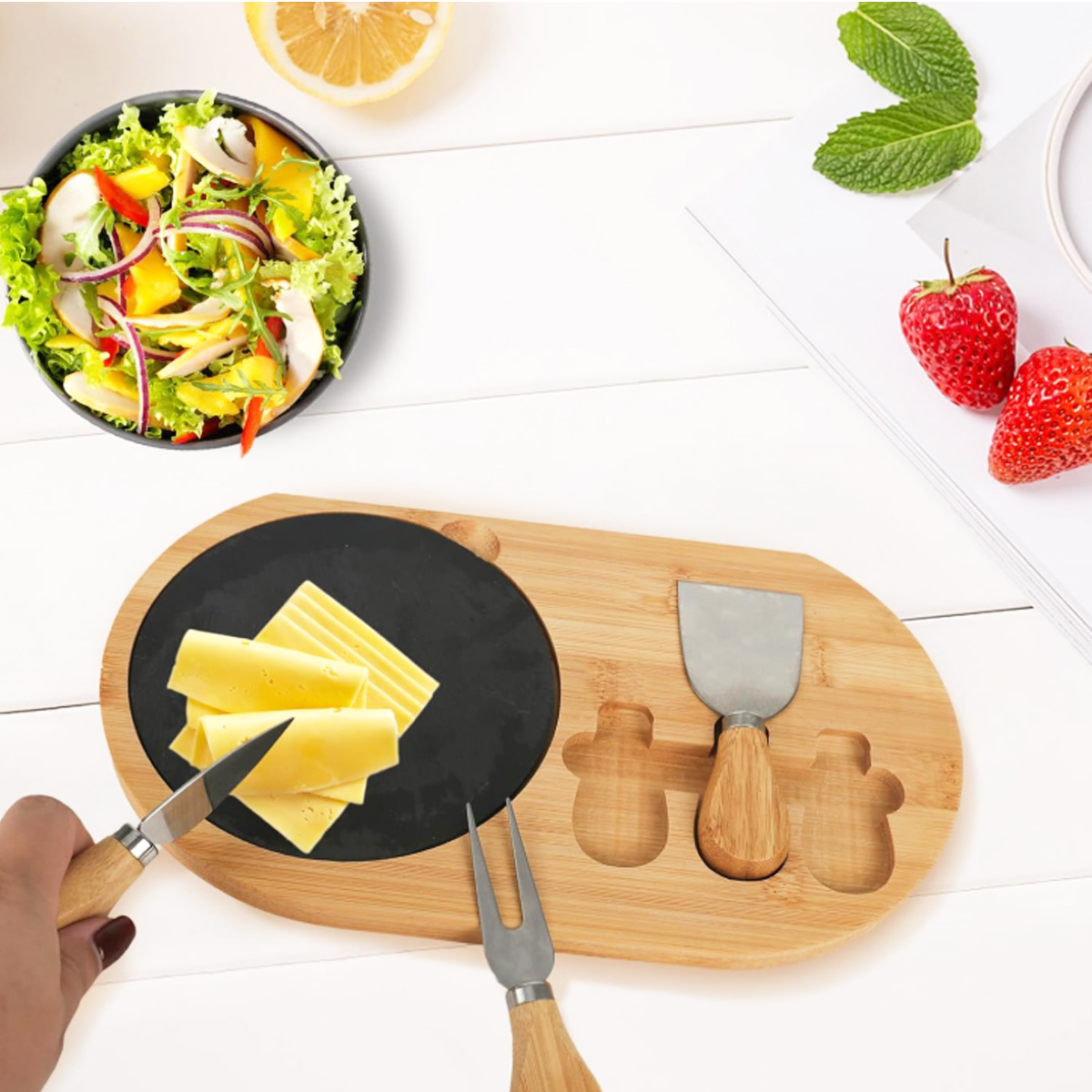 Bamboo Cheese Board Set W/ Slate Plate and 3 Cheese Knives 2