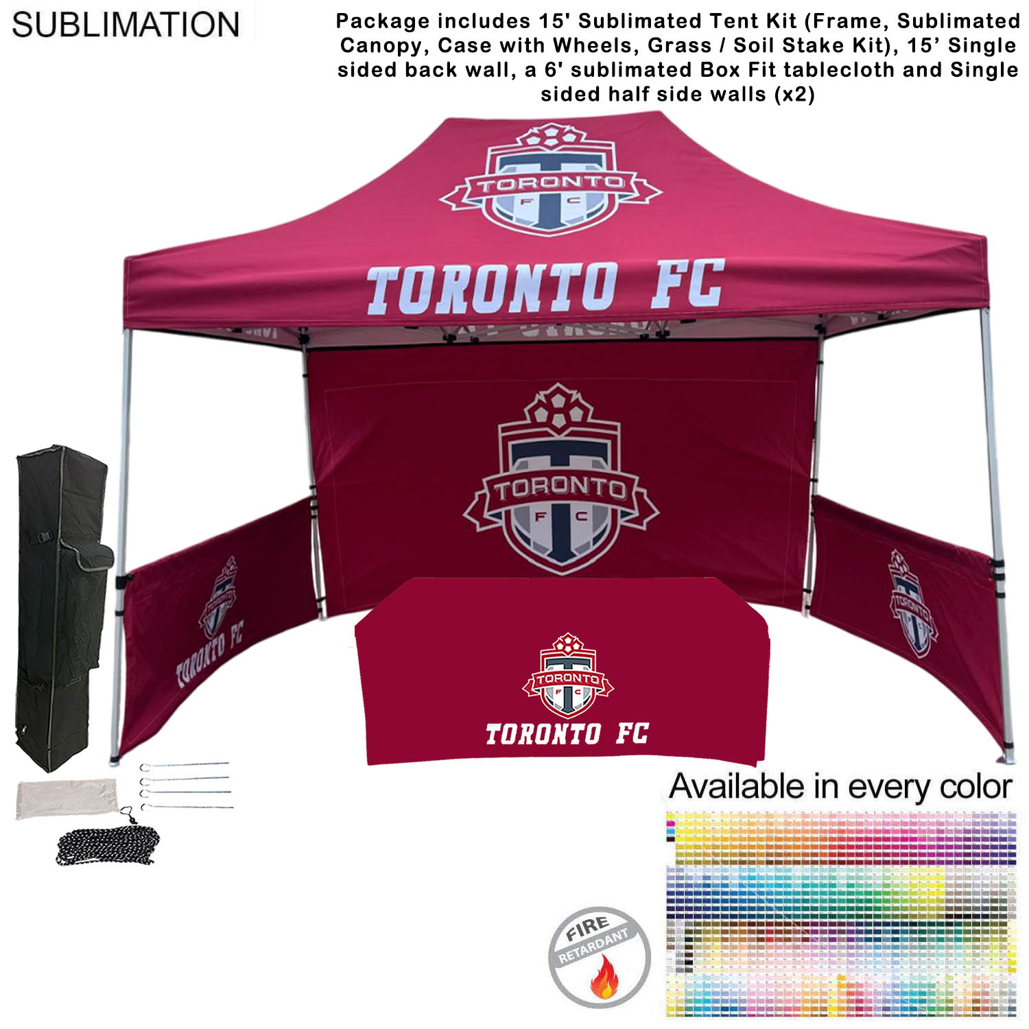 Supreme Event Package, 15' Sublimated Tent, 15' Backwall, 2 Half sidewalls, and 6' BoxFit Tablecloth 16