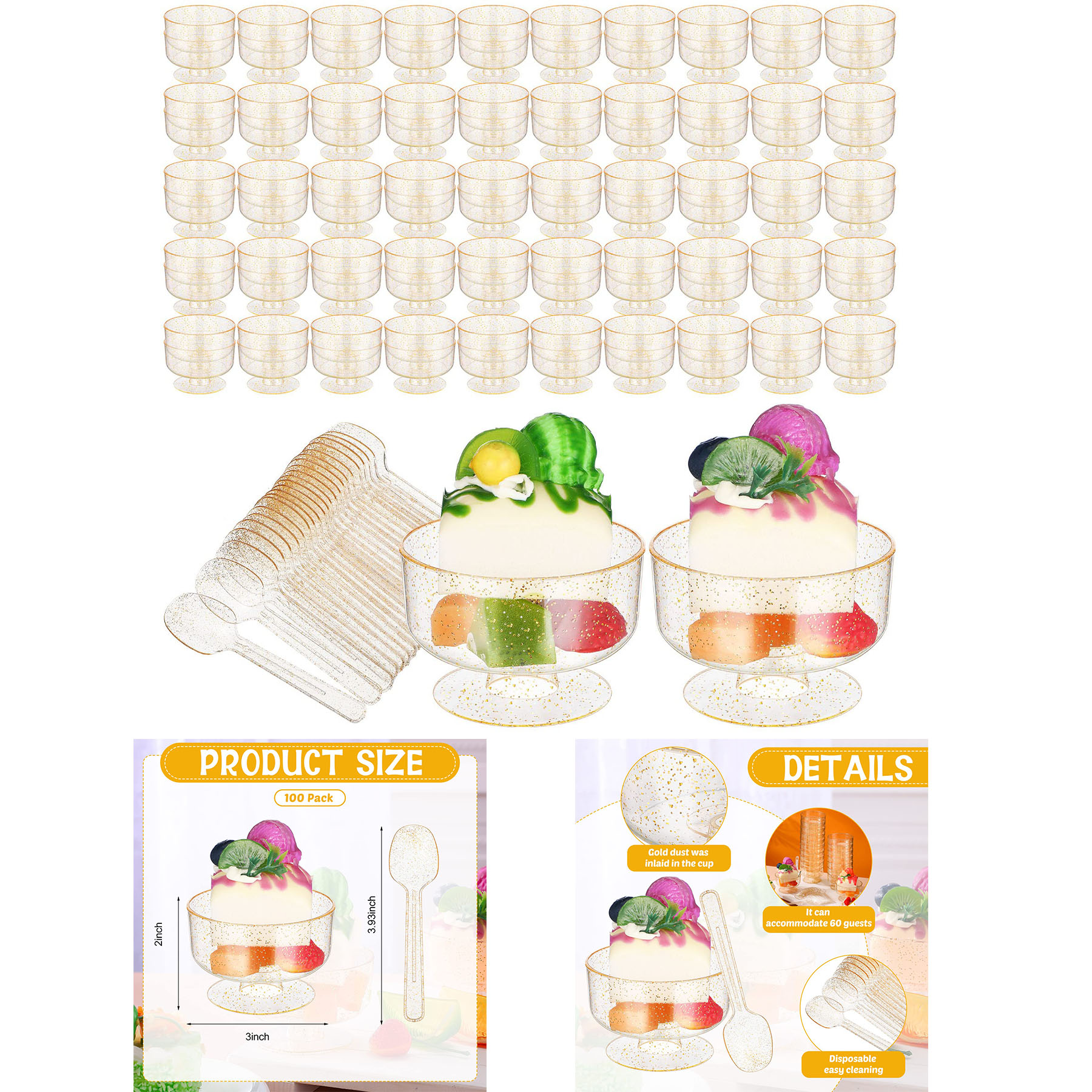 100 Sets 5 oz Gold Glitter Dessert Cups 1