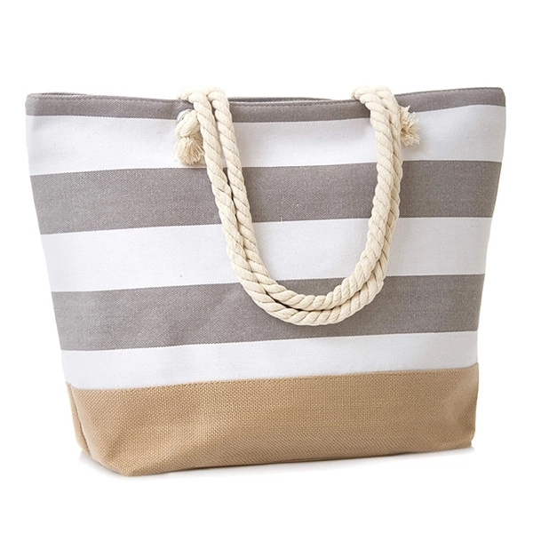 Striped beach canvas jute tote bag with rope handle, custom tote bag with logo imprint 4