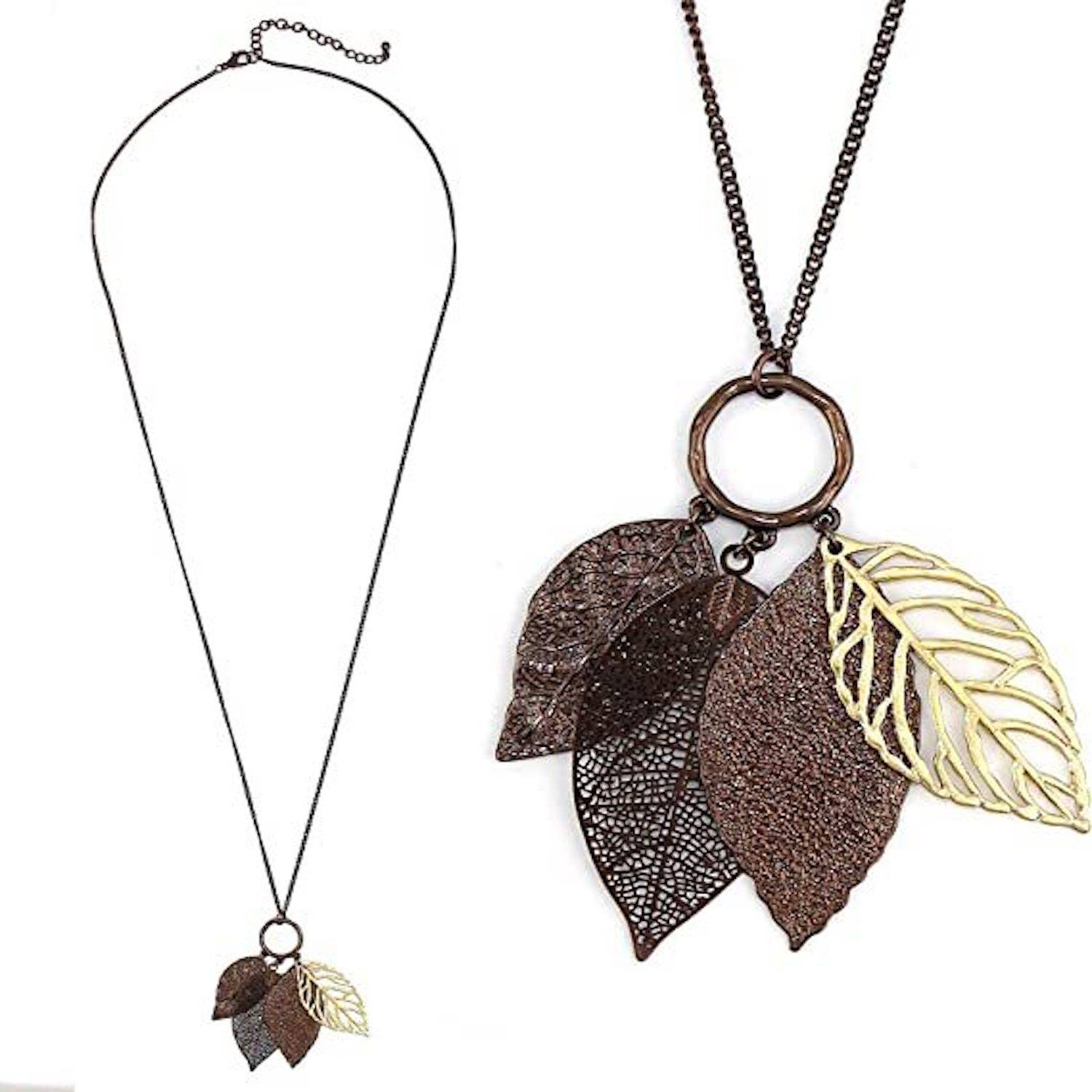 Gold&Silver Double Color Autumn Leaf Pendant Necklace 4