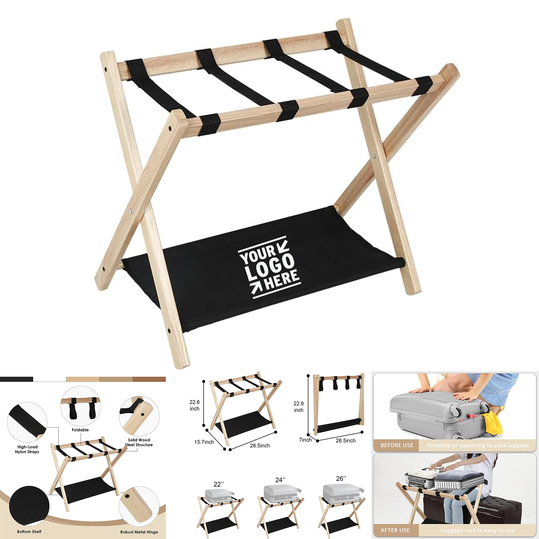 Bedroom Guest Room 2 Tier Wooden Suitcase Bag Holder Stand Folding Luggage Racks with Shelf 2