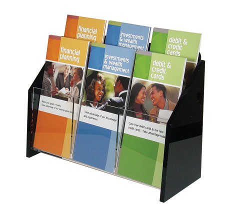 Wall Mount Brochure Holder Clear w/Black Ends 2-tier 6 pockets