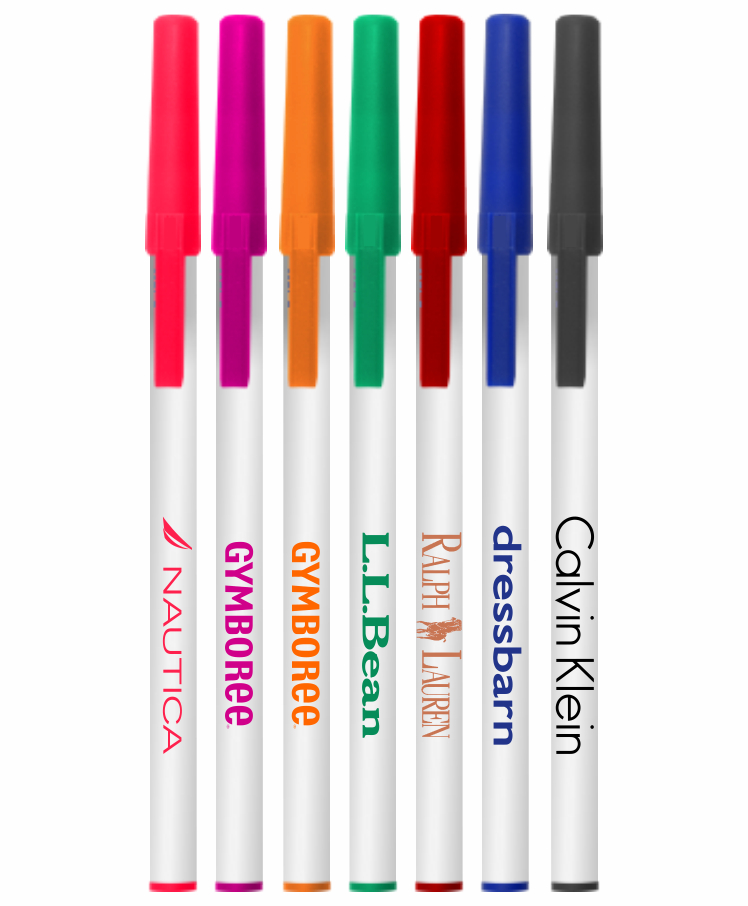 White Stick Pens w/ Colored Caps- Blue Ink 1
