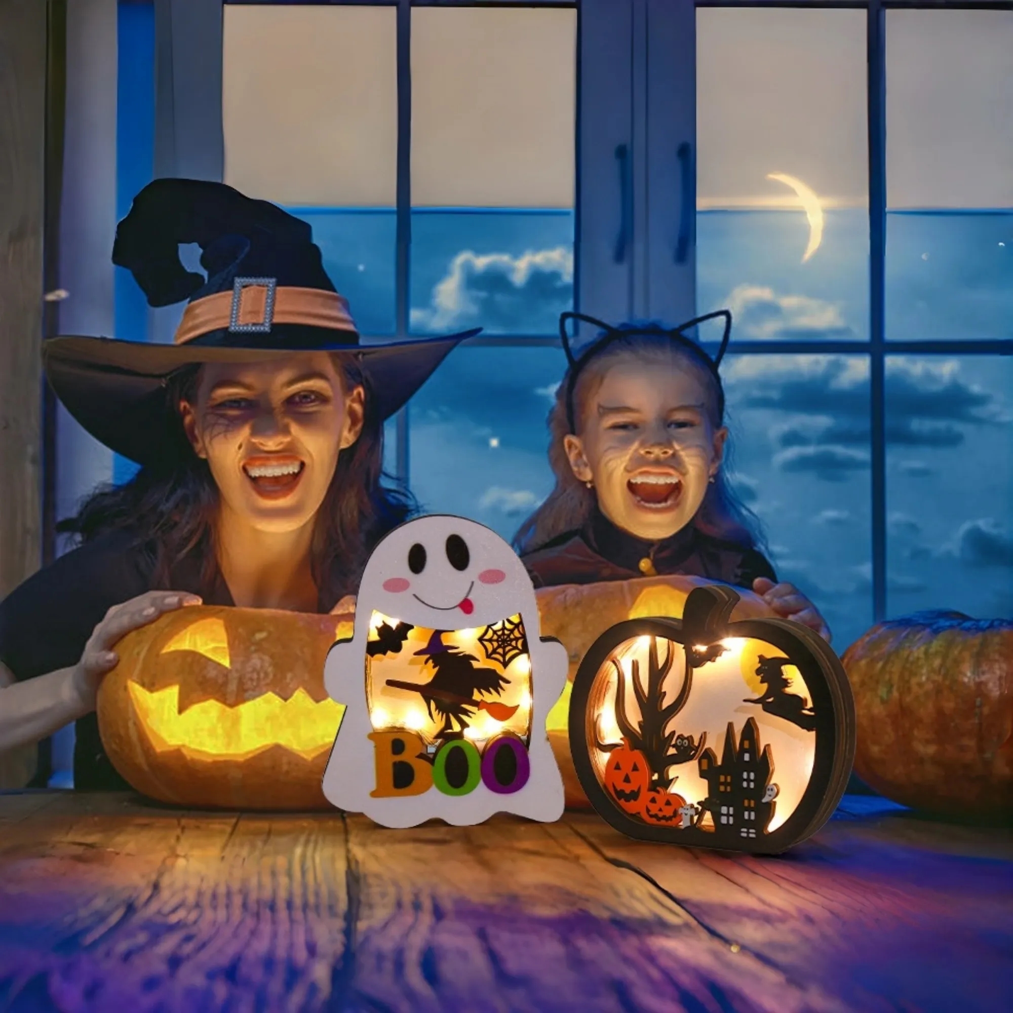 Wooden Halloween Glowing Ornament Lighted 7